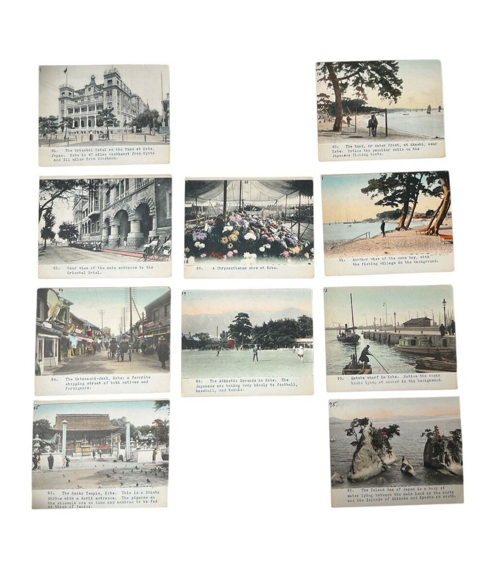 10 Antique Japanese Pictorial Photo Postcards Kobe c1910 Hand-tinted Mounted